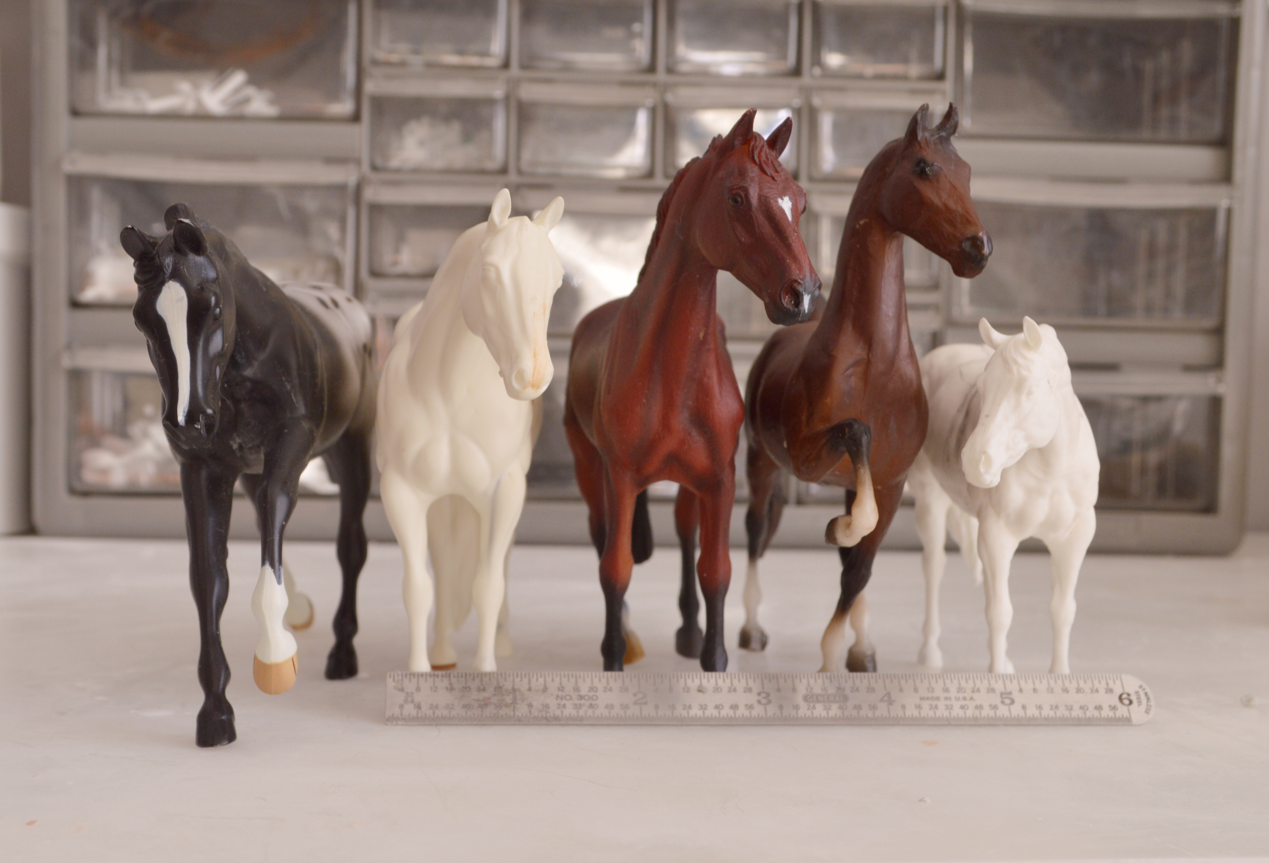 Line of five model horses viewed from the front and arranged left to right, largest to smallest: black blanket appaloosa pebble loping stock horse, chestnut Collecta warmblood, brown little bits morgan, yellow-ish unpainted resin stock horse Miss Mattie, white unpainted stock horse Chino who is significantly smaller than previous models. Six inch silver metal ruler for scale