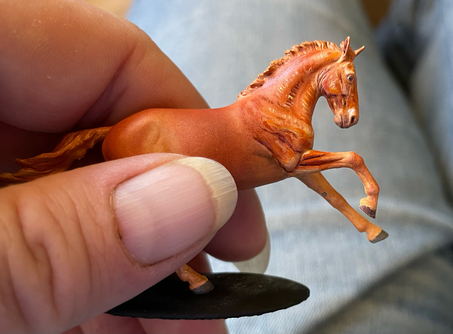 Chestnut micro Hazel by Morgen Kilbourn in progress, layer two or three of chestnut, before blending, paintwork by Elaine Lindelef